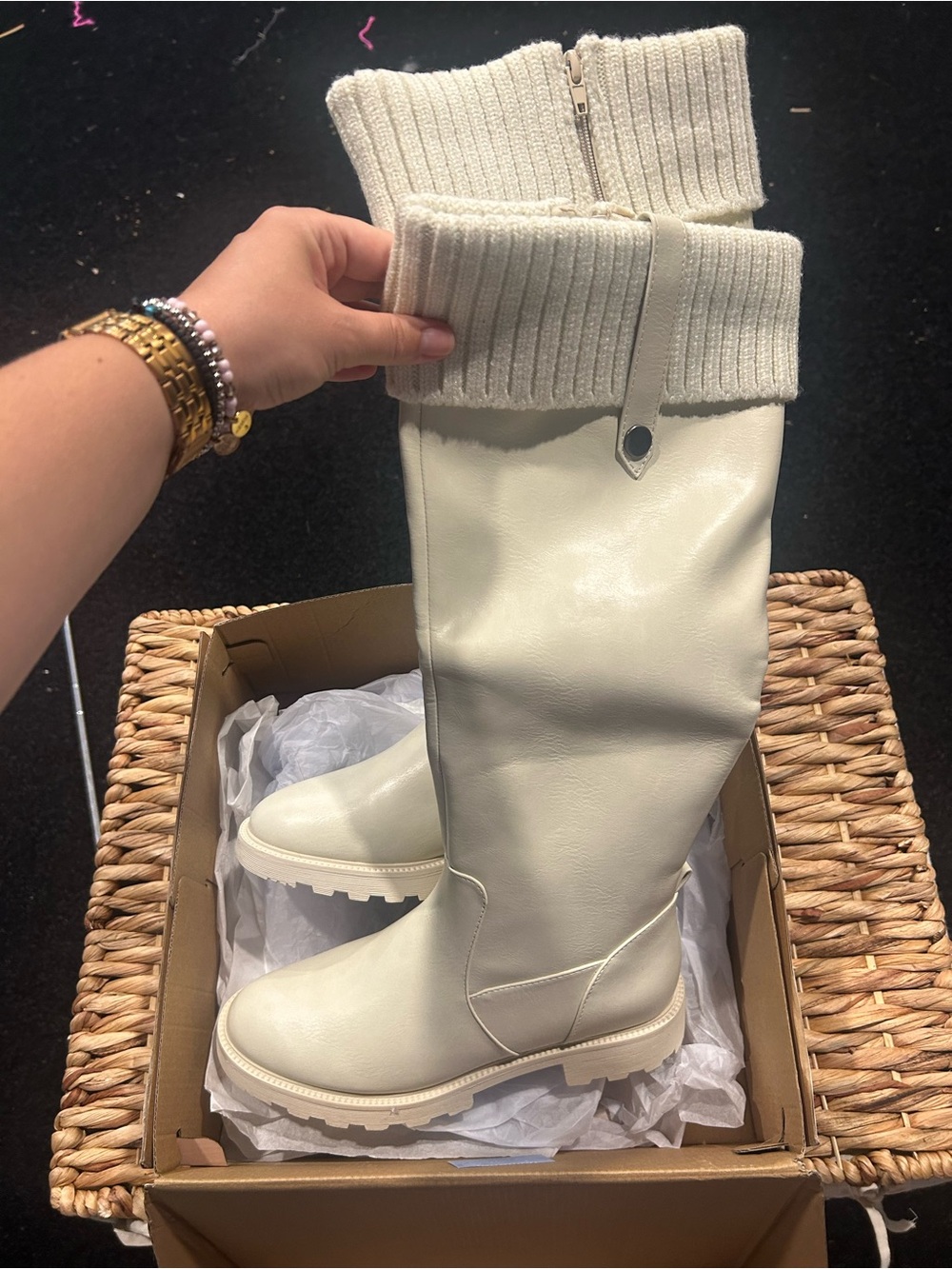 Knit-Cuff Tall Riding Boots in Cream